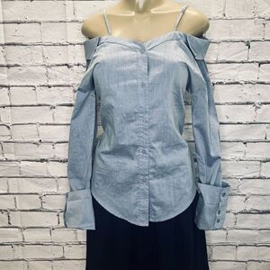 Tea & Cup Womens Blue Cold Shoulder Knot Back Long Sleeve Shirt Size Small